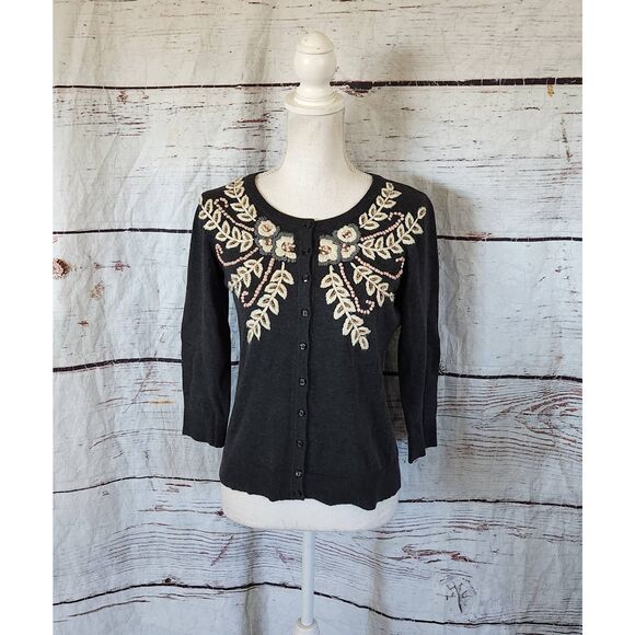 Anthropologie Tabitha Fanned Vines Embroidered & Beaded Cardigan Size Small - Picture 1 of 5